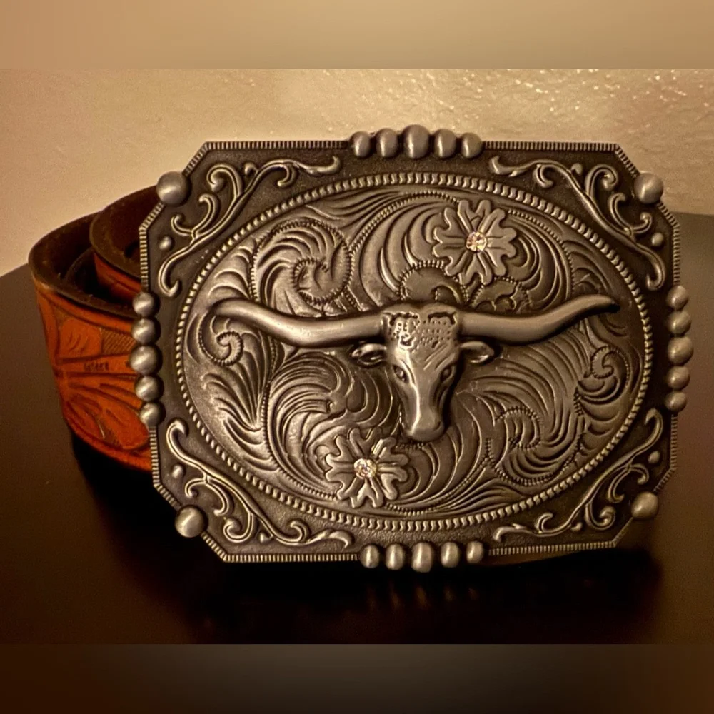 Genuine Hand Tooled Full Grain Leather Western Belt w/ Longhorn Bull Buckle 46